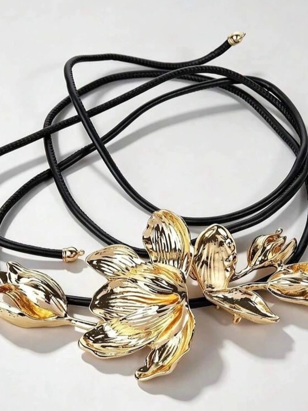 NWT Vintage-style 39” Tie Belt Black and Gold Adjustable w/ Floral Statement